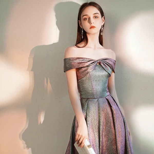 Fashion Multi-Colors Homecoming Graduation Dresses 2020 A-Line / Princess Off-The-Shoulder Short Sleeve Glitter Polyester Tea-length Ruffle Backless Formal Dresses
