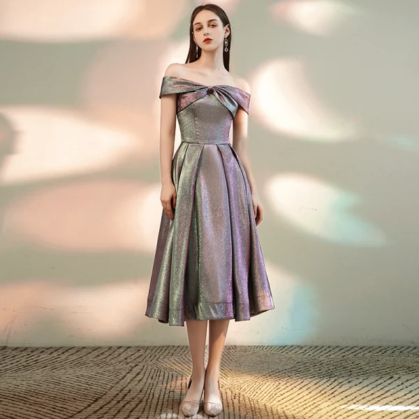 Fashion Multi-Colors Homecoming Graduation Dresses 2020 A-Line / Princess Off-The-Shoulder Short Sleeve Glitter Polyester Tea-length Ruffle Backless Formal Dresses