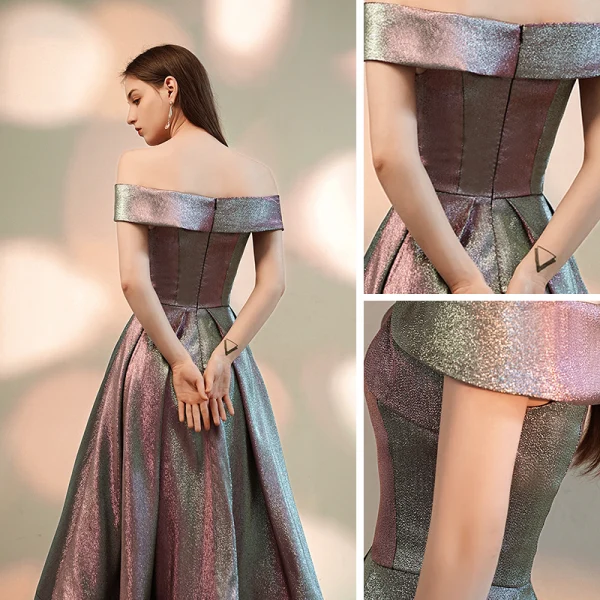 Fashion Multi-Colors Homecoming Graduation Dresses 2020 A-Line / Princess Off-The-Shoulder Short Sleeve Glitter Polyester Tea-length Ruffle Backless Formal Dresses