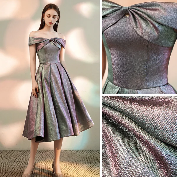 Fashion Multi-Colors Homecoming Graduation Dresses 2020 A-Line / Princess Off-The-Shoulder Short Sleeve Glitter Polyester Tea-length Ruffle Backless Formal Dresses