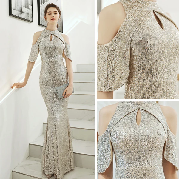 Scintillantes Argenté Paillettes Robe De Soirée 2020 Trompette / Sirène Encolure Dégagée Manches Courtes Longue Robe De Ceremonie