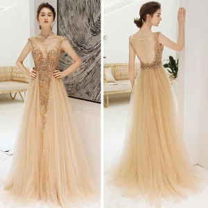 Sexy Champagne Deep V Neck Evening Dresses 2020 A Line Princess See Through Sleeveless Rhinestone Beading Sweep Train Backless Ruffle Formal Dresses