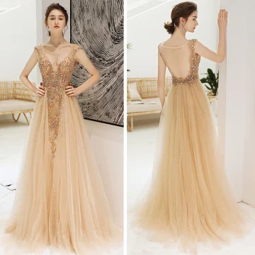 Sexy Champagne Deep V Neck Evening Dresses 2020 A Line Princess See Through Sleeveless Rhinestone Beading Sweep Train Backless Ruffle Formal Dresses