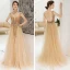 Sexy Champagne Col v profond Robe De Soirée 2020 Princesse Transparentes Sans Manches Faux Diamant Perlage Train De Balayage Dos Nu Volants Robe De Ceremonie