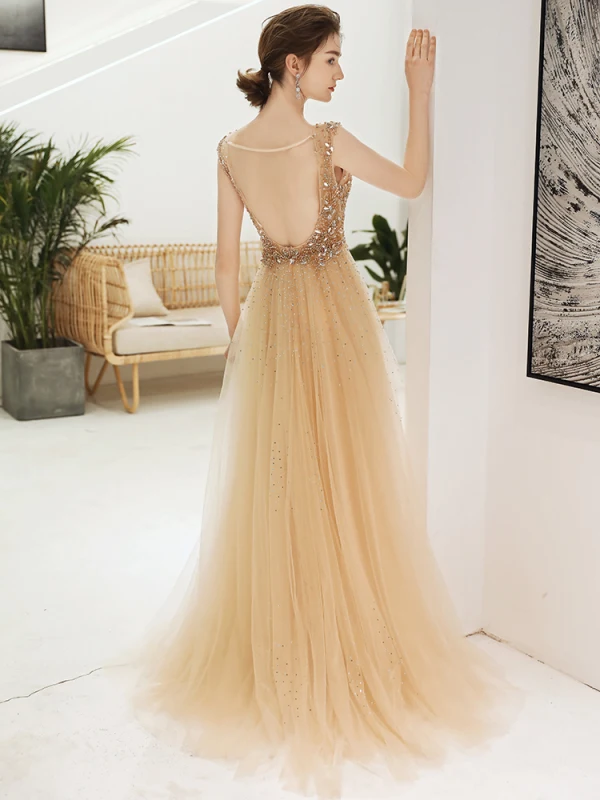 Sexy Champagne Col v profond Robe De Soirée 2020 Princesse Transparentes Sans Manches Faux Diamant Perlage Train De Balayage Dos Nu Volants Robe De Ceremonie
