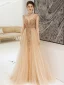 Sexy Champagne Col v profond Robe De Soirée 2020 Princesse Transparentes Sans Manches Faux Diamant Perlage Train De Balayage Dos Nu Volants Robe De Ceremonie