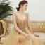 Sexy Champagne Col v profond Robe De Soirée 2020 Princesse Transparentes Sans Manches Faux Diamant Perlage Train De Balayage Dos Nu Volants Robe De Ceremonie
