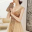 Sexy Champagne Col v profond Robe De Soirée 2020 Princesse Transparentes Sans Manches Faux Diamant Perlage Train De Balayage Dos Nu Volants Robe De Ceremonie