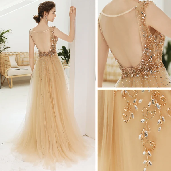 Sexy Champagne Col v profond Robe De Soirée 2020 Princesse Transparentes Sans Manches Faux Diamant Perlage Train De Balayage Dos Nu Volants Robe De Ceremonie