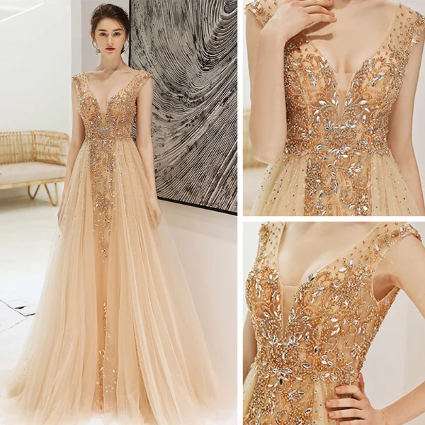 Sexy Champagne Col v profond Robe De Soirée 2020 Princesse Transparentes Sans Manches Faux Diamant Perlage Train De Balayage Dos Nu Volants Robe De Ceremonie
