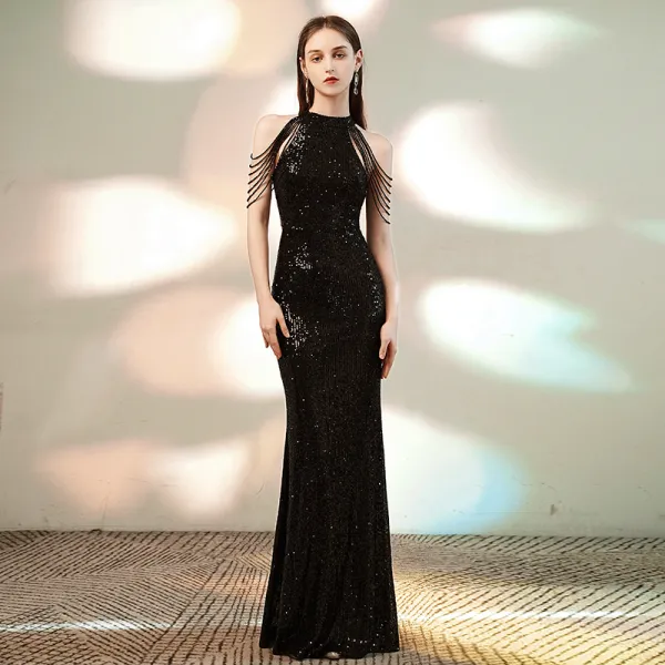 Sparkly Black Sequins Evening Dresses  2020 Trumpet / Mermaid Scoop Neck Sleeveless Beading Floor-Length / Long Formal Dresses