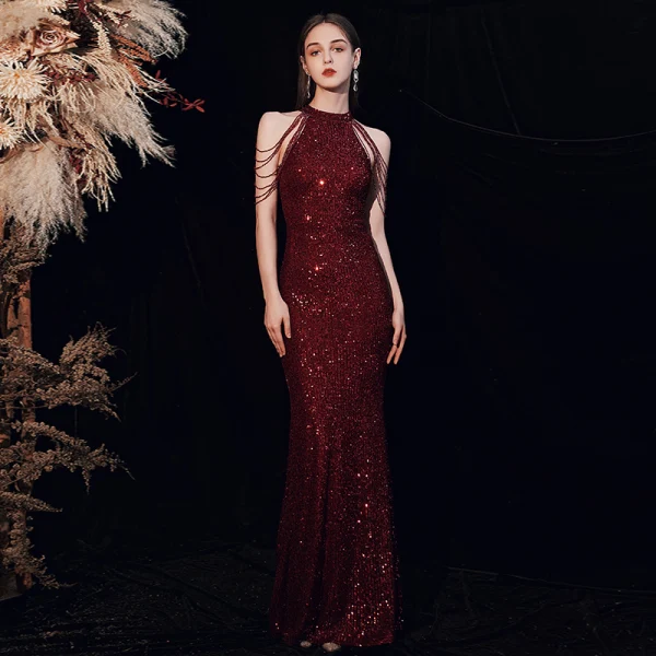 Sparkly Black Sequins Evening Dresses 2020 Trumpet / Mermaid Scoop Neck Sleeveless Beading Floor-Length / Long Formal Dresses