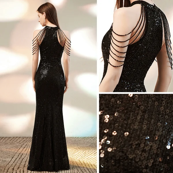 Sparkly Black Sequins Evening Dresses 2020 Trumpet / Mermaid Scoop Neck Sleeveless Beading Floor-Length / Long Formal Dresses