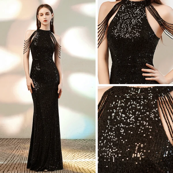 Sparkly Black Sequins Evening Dresses 2020 Trumpet / Mermaid Scoop Neck Sleeveless Beading Floor-Length / Long Formal Dresses