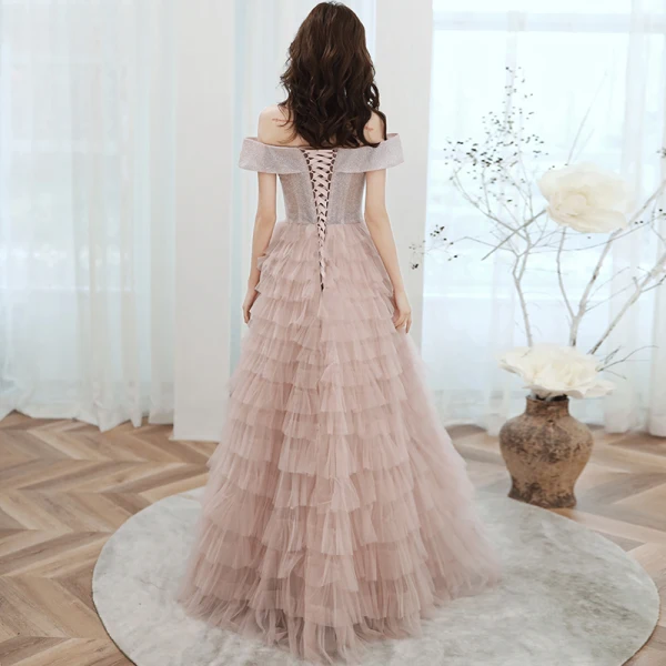 Chic / Beautiful Pearl Pink Evening Dresses  2020 A-Line / Princess Off-The-Shoulder Short Sleeve Glitter Polyester Floor-Length / Long Cascading Ruffles Backless Formal Dresses