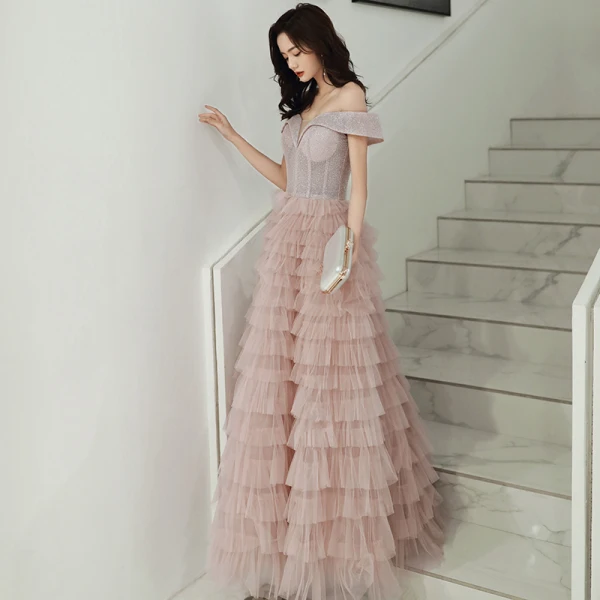 Chic / Beautiful Pearl Pink Evening Dresses  2020 A-Line / Princess Off-The-Shoulder Short Sleeve Glitter Polyester Floor-Length / Long Cascading Ruffles Backless Formal Dresses