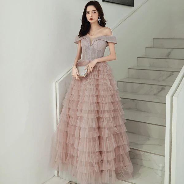Chic / Beautiful Pearl Pink Evening Dresses  2020 A-Line / Princess Off-The-Shoulder Short Sleeve Glitter Polyester Floor-Length / Long Cascading Ruffles Backless Formal Dresses