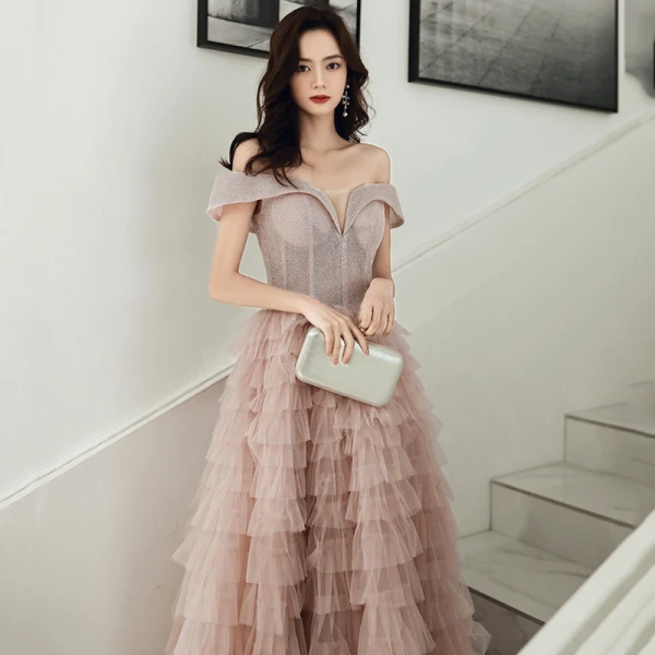 Chic / Beautiful Pearl Pink Evening Dresses  2020 A-Line / Princess Off-The-Shoulder Short Sleeve Glitter Polyester Floor-Length / Long Cascading Ruffles Backless Formal Dresses