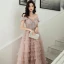 Chic / Beautiful Pearl Pink Evening Dresses  2020 A-Line / Princess Off-The-Shoulder Short Sleeve Glitter Polyester Floor-Length / Long Cascading Ruffles Backless Formal Dresses