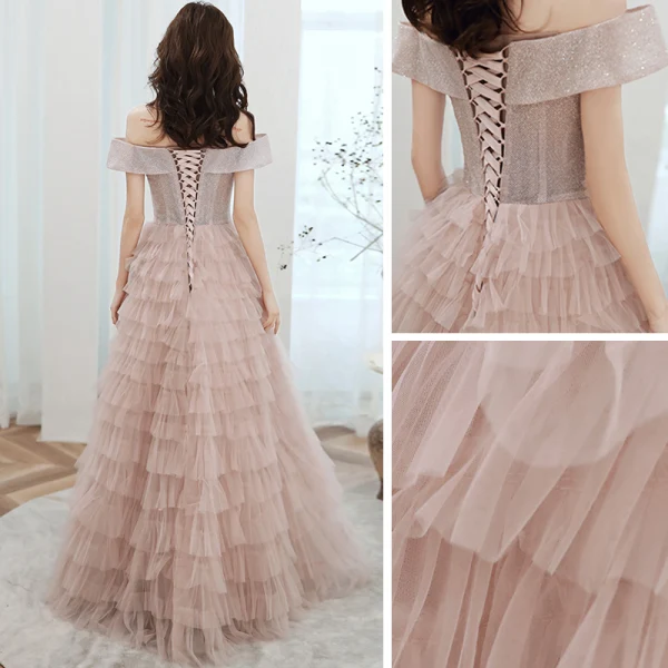 Chic / Beautiful Pearl Pink Evening Dresses  2020 A-Line / Princess Off-The-Shoulder Short Sleeve Glitter Polyester Floor-Length / Long Cascading Ruffles Backless Formal Dresses