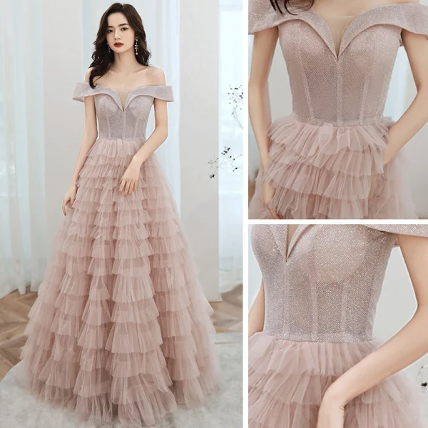 Chic / Beautiful Pearl Pink Evening Dresses  2020 A-Line / Princess Off-The-Shoulder Short Sleeve Glitter Polyester Floor-Length / Long Cascading Ruffles Backless Formal Dresses