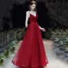 Sexy Burgundy Prom Dresses 2020 A-Line / Princess Spaghetti Straps Deep V-Neck Sleeveless Beading Glitter Tulle Sash Floor-Length / Long Ruffle Backless Formal Dresses