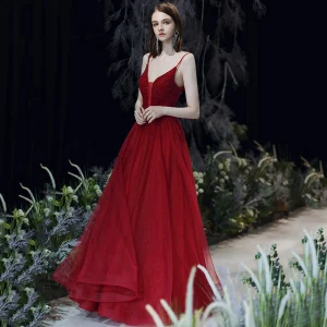 Sexy Burgundy Prom Dresses 2020 A Line Princess Spaghetti Straps Deep V Neck Sleeveless Beading Glitter Tulle Sash Floor Length Long Ruffle Backless Formal Dresses