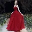 Sexy Bordeaux Robe De Bal 2020 Princesse Bretelles Spaghetti Col v profond Sans Manches Perlage Glitter Tulle Ceinture Longue Volants Dos Nu Robe De Ceremonie