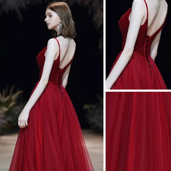 Sexy Bordeaux Robe De Bal 2020 Princesse Bretelles Spaghetti Col v profond Sans Manches Perlage Glitter Tulle Ceinture Longue Volants Dos Nu Robe De Ceremonie