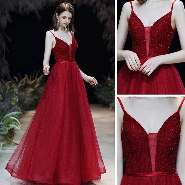 Sexy Bordeaux Robe De Bal 2020 Princesse Bretelles Spaghetti Col v profond Sans Manches Perlage Glitter Tulle Ceinture Longue Volants Dos Nu Robe De Ceremonie