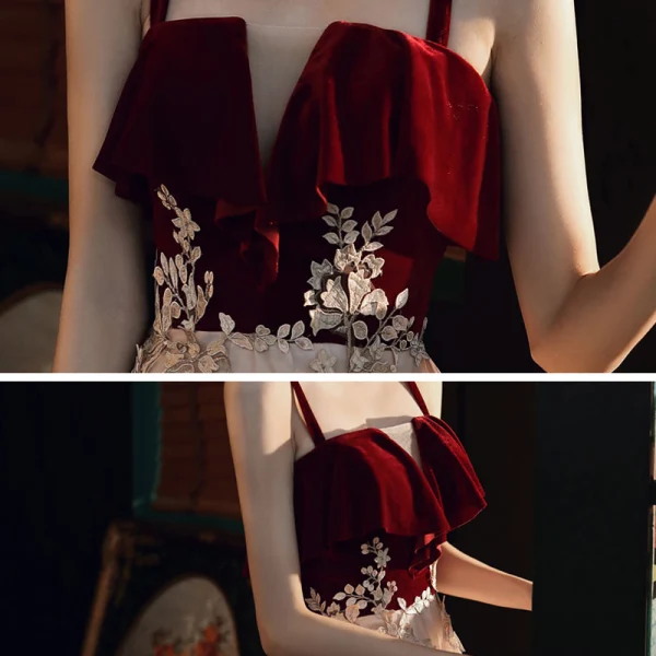 Chic / Beautiful Burgundy Champagne Homecoming Graduation Dresses 2020 A-Line / Princess Shoulders Sleeveless Appliques Lace Tea-length Backless Formal Dresses
