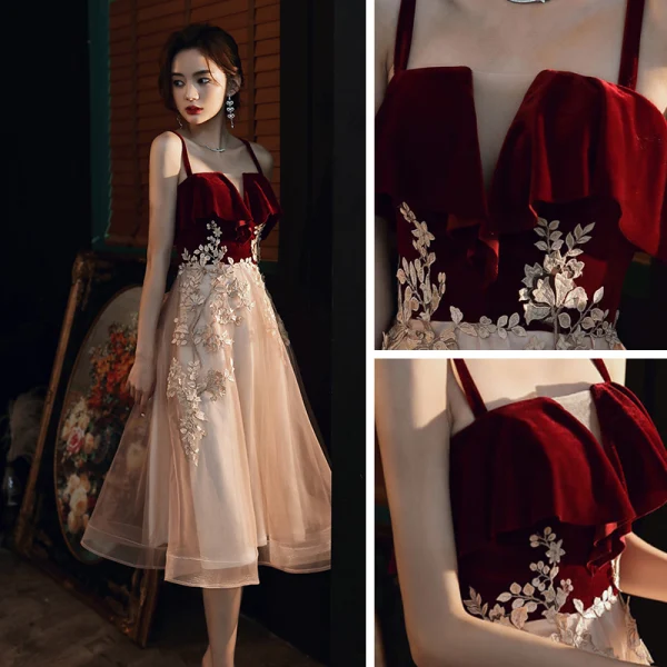 Chic / Beautiful Burgundy Champagne Homecoming Graduation Dresses 2020 A-Line / Princess Shoulders Sleeveless Appliques Lace Tea-length Backless Formal Dresses
