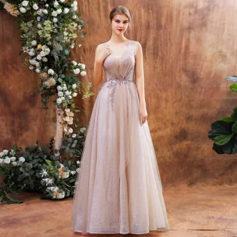 Charming Blushing Pink Evening Dresses 2020 A Line Princess Deep V Neck Sleeveless Sequins Beading Glitter Tulle Sweep Train Ruffle Backless Formal Dresses