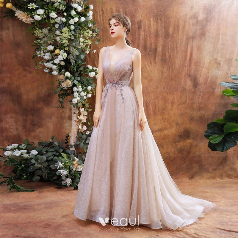 Elegant Blushing Pink V-Neck Evening Dress With Tulle and Off-The-Shoulder Strapless Design