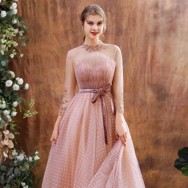 Vintage / Retro Pearl Pink See-through Evening Dresses  2020 A-Line / Princess High Neck Long Sleeve Appliques Lace Sequins Spotted Tulle Tea-length Ruffle Backless Formal Dresses