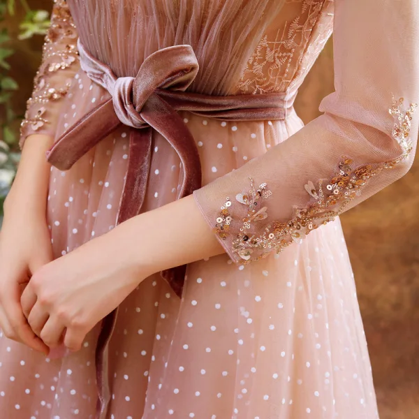 Vintage Pearl Rosa Durchsichtige Abendkleider 2020 A Linie Stehkragen Lange Ärmel Applikationen Spitze Pailletten Geflecktes Tülle Wadenlang Rüschen Rückenfreies Festliche Kleider