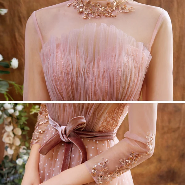 Vintage Pearl Rosa Durchsichtige Abendkleider 2020 A Linie Stehkragen Lange Ärmel Applikationen Spitze Pailletten Geflecktes Tülle Wadenlang Rüschen Rückenfreies Festliche Kleider