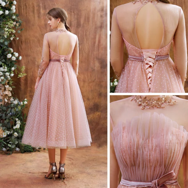 Vintage Pearl Rosa Durchsichtige Abendkleider 2020 A Linie Stehkragen Lange Ärmel Applikationen Spitze Pailletten Geflecktes Tülle Wadenlang Rüschen Rückenfreies Festliche Kleider