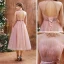 Vintage Pearl Rosa Durchsichtige Abendkleider 2020 A Linie Stehkragen Lange Ärmel Applikationen Spitze Pailletten Geflecktes Tülle Wadenlang Rüschen Rückenfreies Festliche Kleider