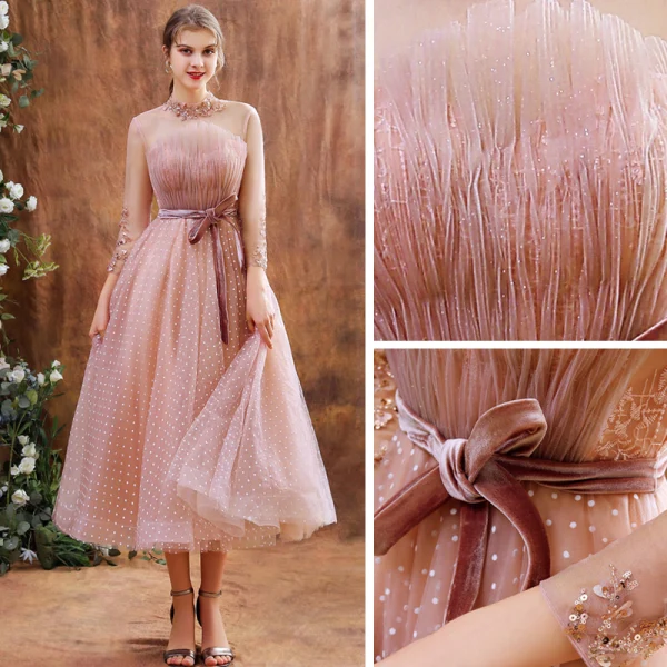 Vintage Pearl Rosa Durchsichtige Abendkleider 2020 A Linie Stehkragen Lange Ärmel Applikationen Spitze Pailletten Geflecktes Tülle Wadenlang Rüschen Rückenfreies Festliche Kleider