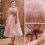 Vintage Pearl Rosa Durchsichtige Abendkleider 2020 A Linie Stehkragen Lange Ärmel Applikationen Spitze Pailletten Geflecktes Tülle Wadenlang Rüschen Rückenfreies Festliche Kleider