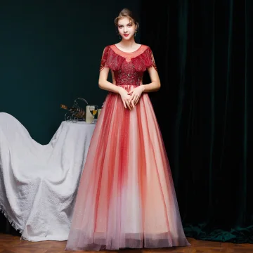 Best Burgundy Gradient Color Evening Dresses 2020 A Line Princess See Through Scoop Neck Short Sleeve Beading Glitter Tulle Sweep Train Ruffle Backless Formal Dresses