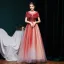 Meilleur Bordeaux Dégradé De Couleur Robe De Soirée 2020 Princesse Transparentes Encolure Dégagée Manches Courtes Perlage Glitter Tulle Train De Balayage Volants Dos Nu Robe De Ceremonie