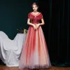 Best Burgundy Gradient-Color Evening Dresses  2020 A-Line / Princess See-through Scoop Neck Short Sleeve Beading Glitter Tulle Sweep Train Ruffle Backless Formal Dresses
