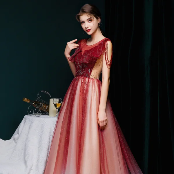 Meilleur Bordeaux Dégradé De Couleur Robe De Soirée 2020 Princesse Transparentes Encolure Dégagée Manches Courtes Perlage Glitter Tulle Train De Balayage Volants Dos Nu Robe De Ceremonie