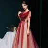 Best Burgundy Gradient-Color Evening Dresses  2020 A-Line / Princess See-through Scoop Neck Short Sleeve Beading Glitter Tulle Sweep Train Ruffle Backless Formal Dresses