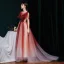 Meilleur Bordeaux Dégradé De Couleur Robe De Soirée 2020 Princesse Transparentes Encolure Dégagée Manches Courtes Perlage Glitter Tulle Train De Balayage Volants Dos Nu Robe De Ceremonie