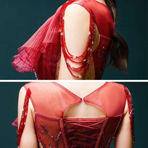 Meilleur Bordeaux Dégradé De Couleur Robe De Soirée 2020 Princesse Transparentes Encolure Dégagée Manches Courtes Perlage Glitter Tulle Train De Balayage Volants Dos Nu Robe De Ceremonie
