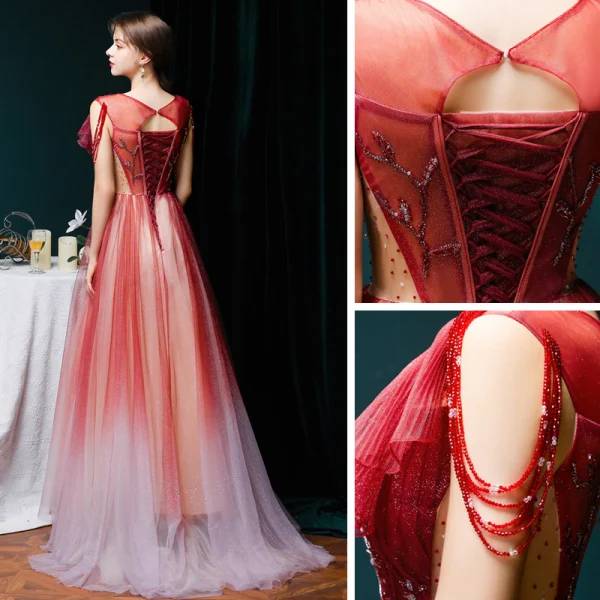 Meilleur Bordeaux Dégradé De Couleur Robe De Soirée 2020 Princesse Transparentes Encolure Dégagée Manches Courtes Perlage Glitter Tulle Train De Balayage Volants Dos Nu Robe De Ceremonie