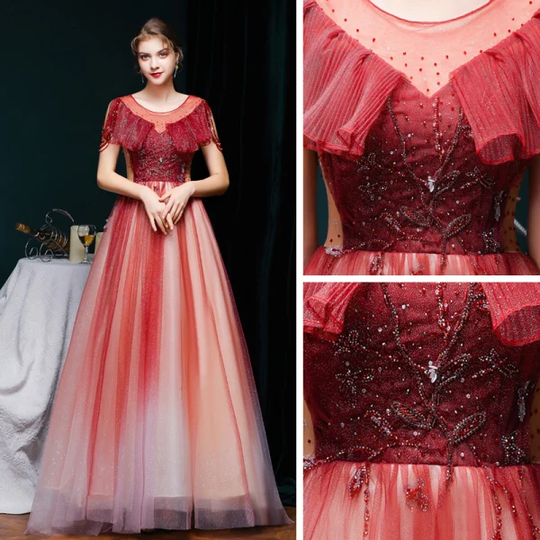 Meilleur Bordeaux Dégradé De Couleur Robe De Soirée 2020 Princesse Transparentes Encolure Dégagée Manches Courtes Perlage Glitter Tulle Train De Balayage Volants Dos Nu Robe De Ceremonie